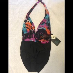 Halter Swimsuit- Aqua Green Black & Floral